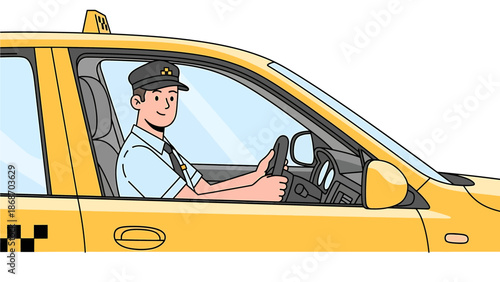 Male taxi driver in uniform inside a yellow car holding the steering wheel, illustration