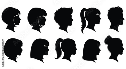 A collection of diverse head profiles presented as striking black silhouettes showcasing various hairstyles