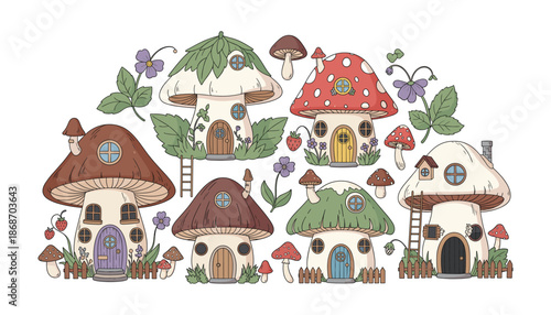 Whimsical mushroom fairy houses with doors, windows, flowers, leaves, and decorative elements in a fantasy cottage village illustration