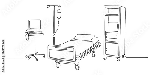 Continuous line drawing illustrating a hospital room interior with medical equipment and a bed Vector, illustration