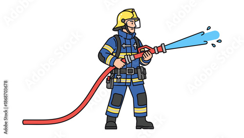 A firefighter in uniform holding a hose spraying water, ready to extinguish flames and ensure safety