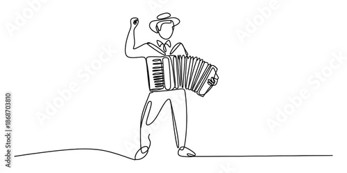 A continuous line drawing of a musician playing accordion with energy and enthusiasm Vector, illustration