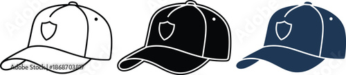 Set of baseball caps in outline, solid black, and navy blue styles with shield emblem vector illustration