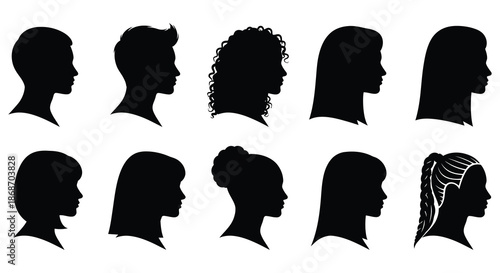 A collection of diverse human head profiles presented in a striking black silhouette