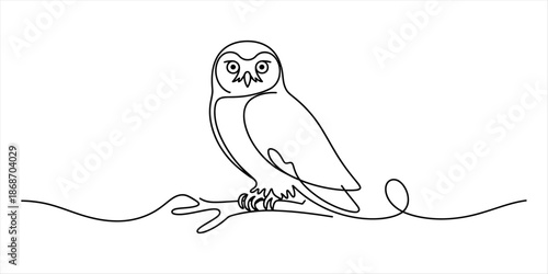 A minimalist single continuous line drawing of a wise owl perched on a branch looking forward Vector, illustration