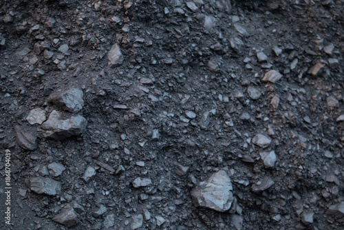 Close-up Texture of Crushed Black Coal Fragments and Mineral Dust