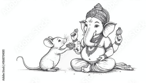 Vector Illustration of Lord Ganesha with Mouse in Traditional Indian Style for Religious and Cultural Design