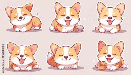 Cute Cartoon Corgi Vector Illustration Set in Minimalist Style with Bright Warm Colors