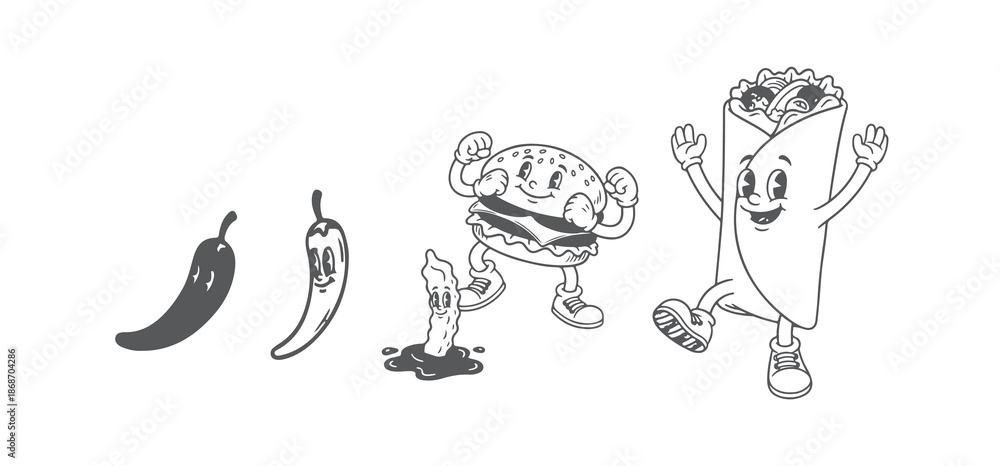 Obraz premium Classic Hand Drawn Fast Food Characters, 30s Animation Style