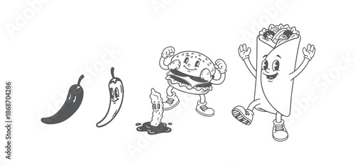 Classic Hand Drawn Fast Food Characters, 30s Animation Style