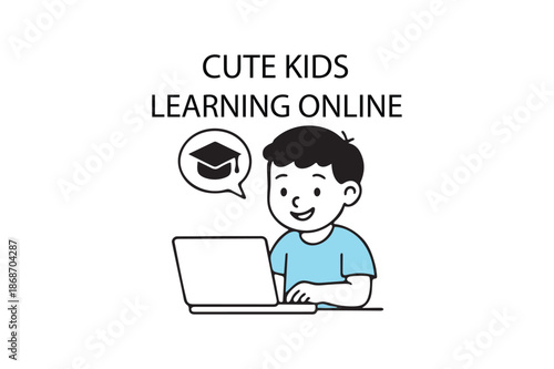 Cute Kids Learning Online with Digital Education icon silhouette on white background.