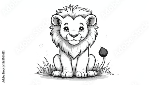 Cute Lion Cub Vector Illustration for Children's Design in Cartoon Style with Black White Monochrome Palette