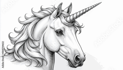 Elegant Unicorn Vector Illustration for Fantasy and Mythical Creatures Design with Detailed Mane and Spiral Horn in Monochrome Style