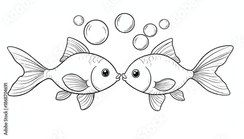 Vector Illustration of Two Fish with Bubbles in Minimalist Style in Black and White