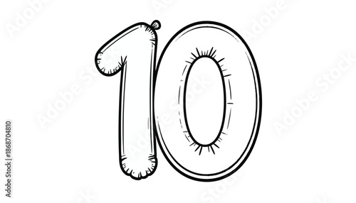 Minimalist Vector Illustration of Number Ten with Balloon Style for Celebrations in Black and White