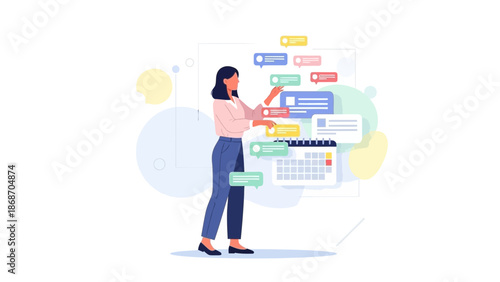 Woman managing tasks and schedule with calendar and notifications