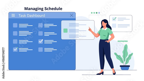 Woman managing tasks on digital dashboard, planning schedule, successful project completion