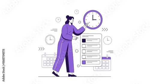 Woman Managing Time and Schedule with Clock and Calendar - Modern Illustration