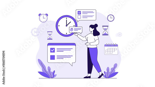 Woman managing time and tasks with clock, calendar, and checklist