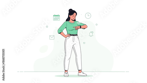 Woman checking smart watch, calendar and notification icons, modern flat illustration