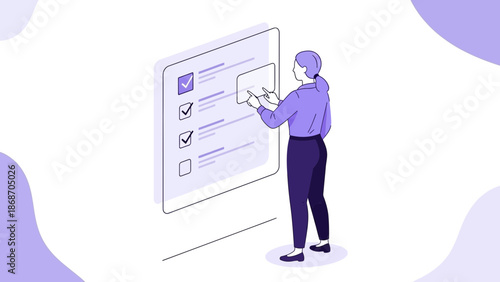Woman checking tasks on digital checklist, isometric illustration, business concept