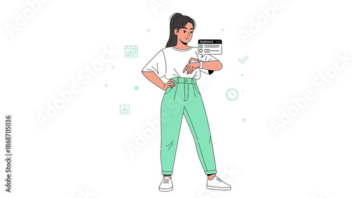 Woman checking smartwatch schedule, planning daily tasks, time management concept