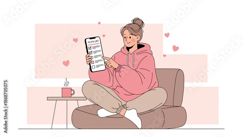 Woman checking to-do list on smartphone while relaxing with coffee, self-care concept