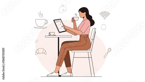 Woman drinking coffee and using tablet in a cafe, remote work, lifestyle illustration