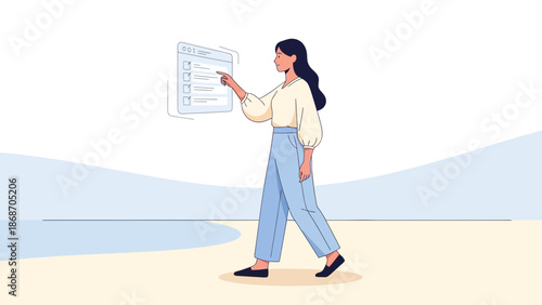 Woman Interacting with Digital Interface on Beach Background