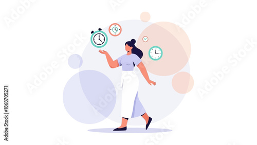 Woman juggling clocks, time management concept, deadline, schedule, busy life