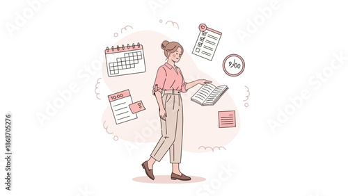 Woman Juggling Tasks, Calendar, Checklist, Book, and Notes - Time Management Concept