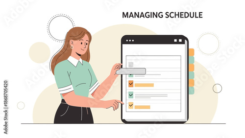 Woman managing schedule on tablet, planning tasks, checking to-do list, business planning