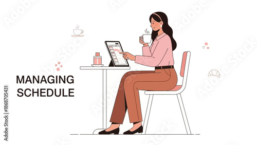 Woman managing schedule on tablet, drinking coffee, organized work planning
