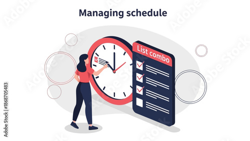 Woman managing schedule with clock and checklist, time management concept