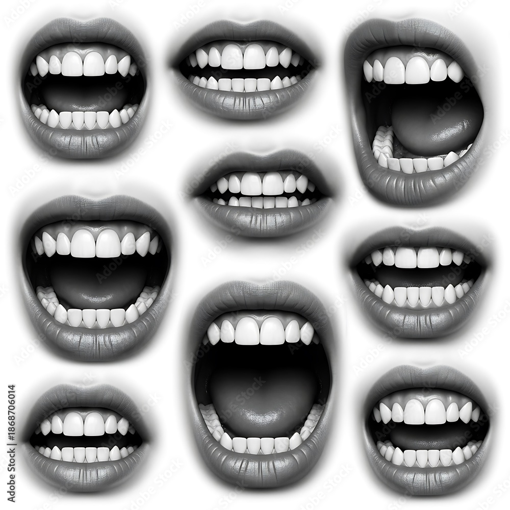 Obraz premium A collage of nine different close-up views of human mouths showing various expressions and healthy white teeth