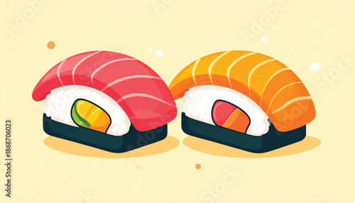 Two pieces of nigiri sushi with tuna and salmon toppings.