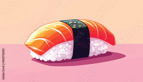 Illustration of a piece of salmon nigiri sushi with nori seaweed.