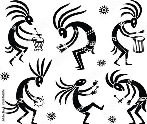 African Tribal Silhouette Vector Set Featuring Dancing Figures and Musicians Playing Traditional Drums for Ethnic Designs.