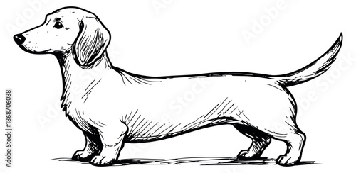 Hand drawn line art illustration of a dachshund dog depicting it standing in profile for pet and animal designs