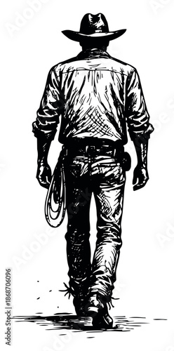 Hand drawn line art illustration of a cowboy depicting walking away for western adventures