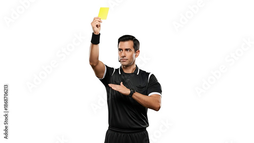 A referee holding up a yellow card on transparent background