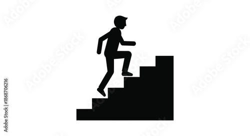A minimalist representation of a person ascending a staircase captured in a striking black silhouette