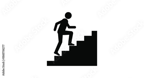 A simple black and white illustration depicts a person ascending a staircase representing progress and ambition silhouette