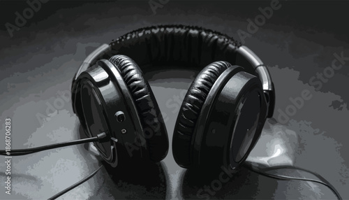 Close-up of Black Over-Ear Headphones on a Reflective Surface.