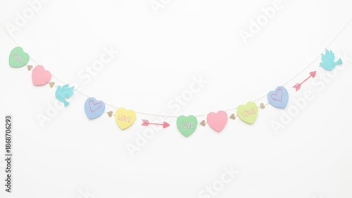 Pastel Conversation Heart Garland with Doves and Arrows on White Background for Valentine's Day