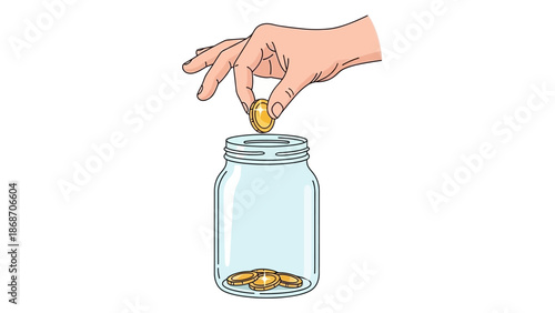 A hand carefully placing a shining coin into a clear glass jar, a powerful visual symbolizing the essential practice of saving money, financial planning, and building future wealth