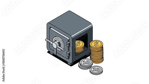 Isometric illustration of a secure safe with stacks of gold and silver coins, representing wealth management, financial protection, future savings, and valuable asset security