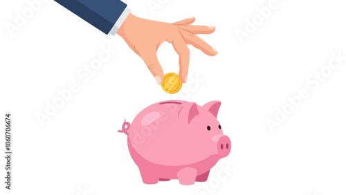 Conceptual illustration of saving money, with a hand placing a golden coin into a pink piggy bank, symbolizing financial growth and future investment