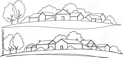 Simple Line Drawing Of A Cluster Of Houses On A Hillside With Trees
