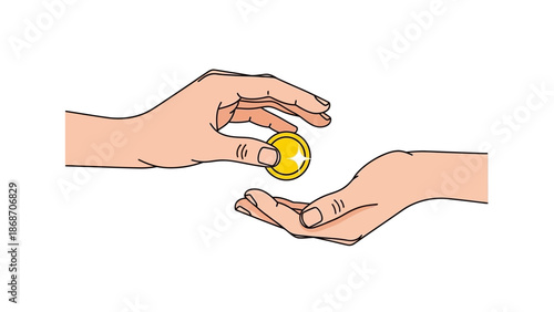 A clear line art illustration of a hand offering a golden coin to another open hand, representing the universal concepts of giving, receiving, financial exchange, charity, payment, and support